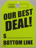 Mirror Hang Tags - Fluorescent Yellow -  Our Best Deal - Bottom Line